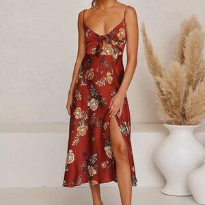 Fashionme Women Spaghetti Strap Midi Satin Dresses Tie Front Floral (Small)